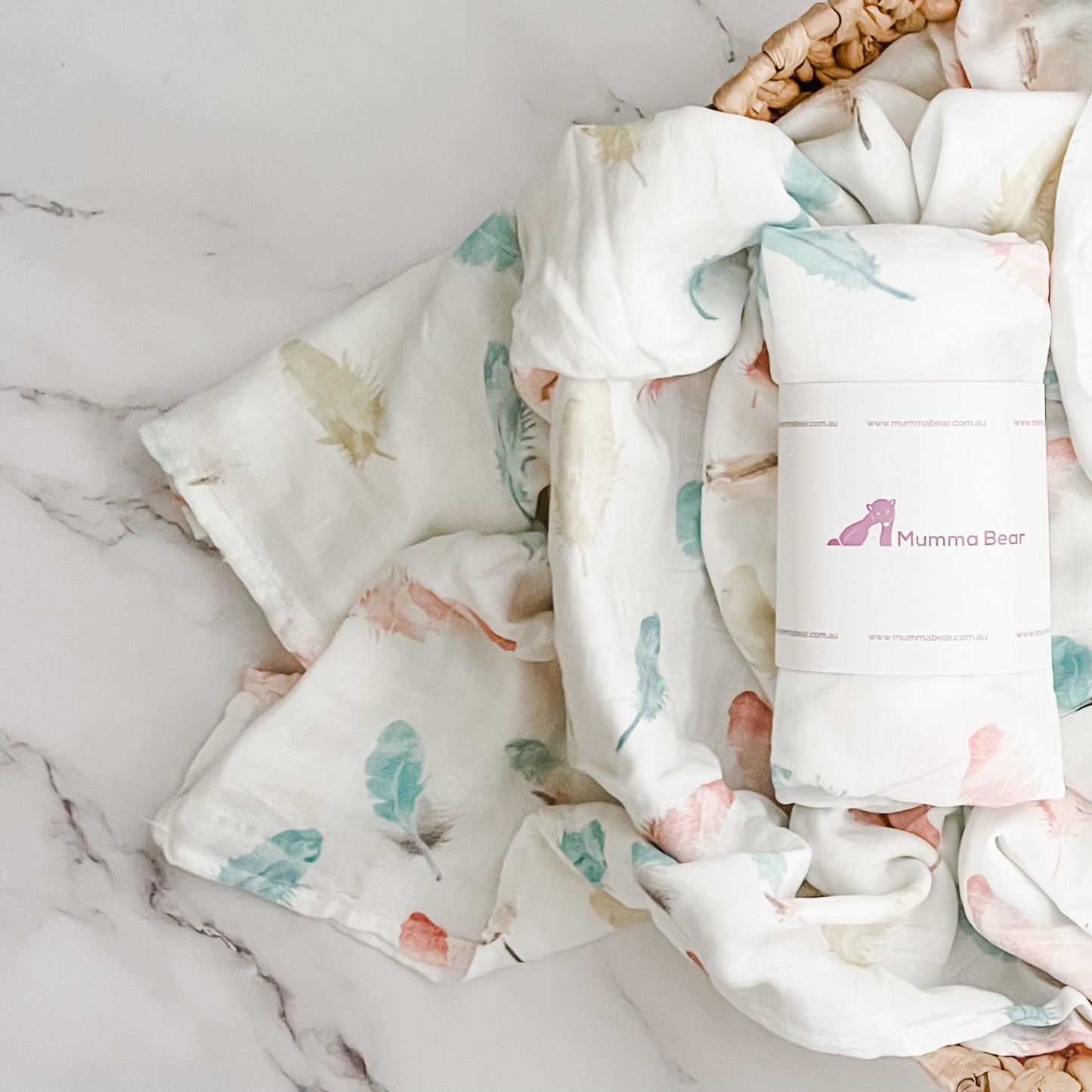 Bamboo + Organic Cotton Muslin Wrap - Floating Feathers - Mumma Bear