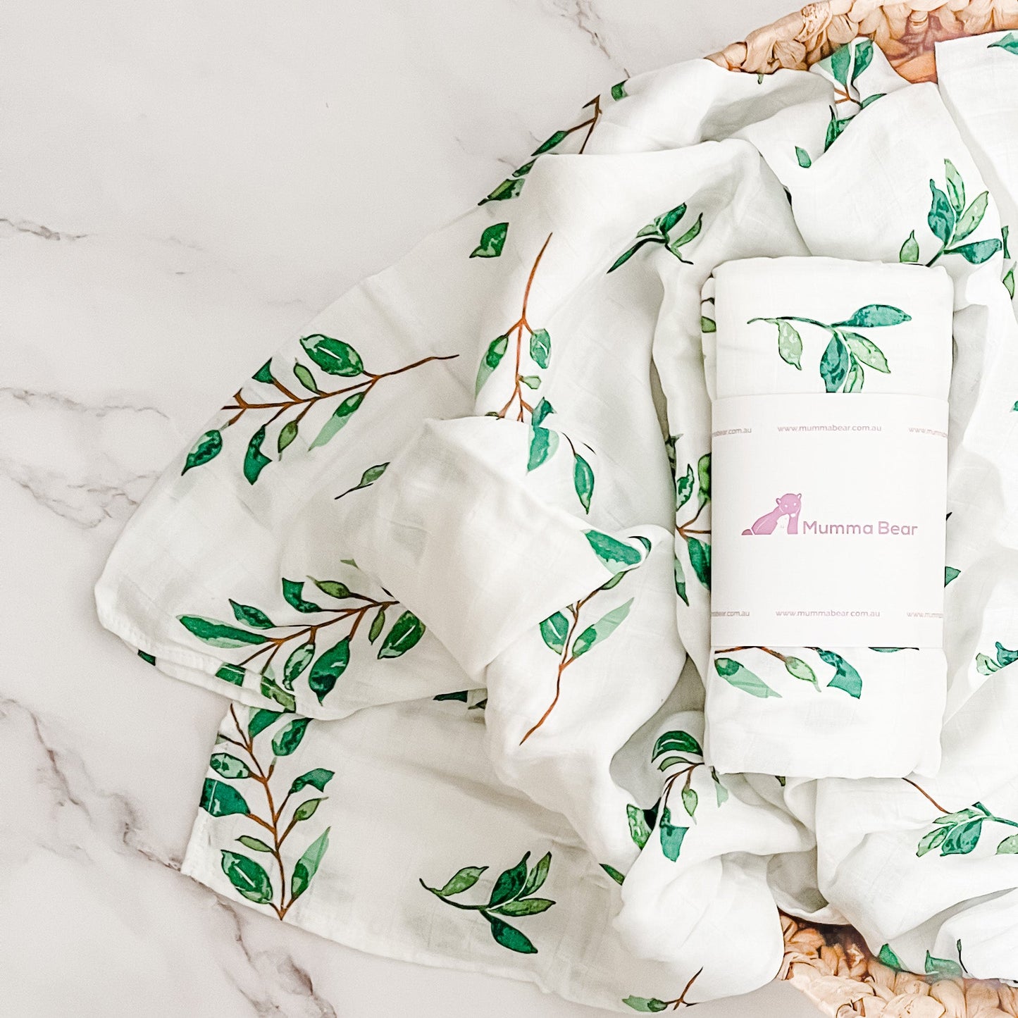 Bamboo + Organic Cotton Muslin Wrap - Green Leaves - Mumma Bear