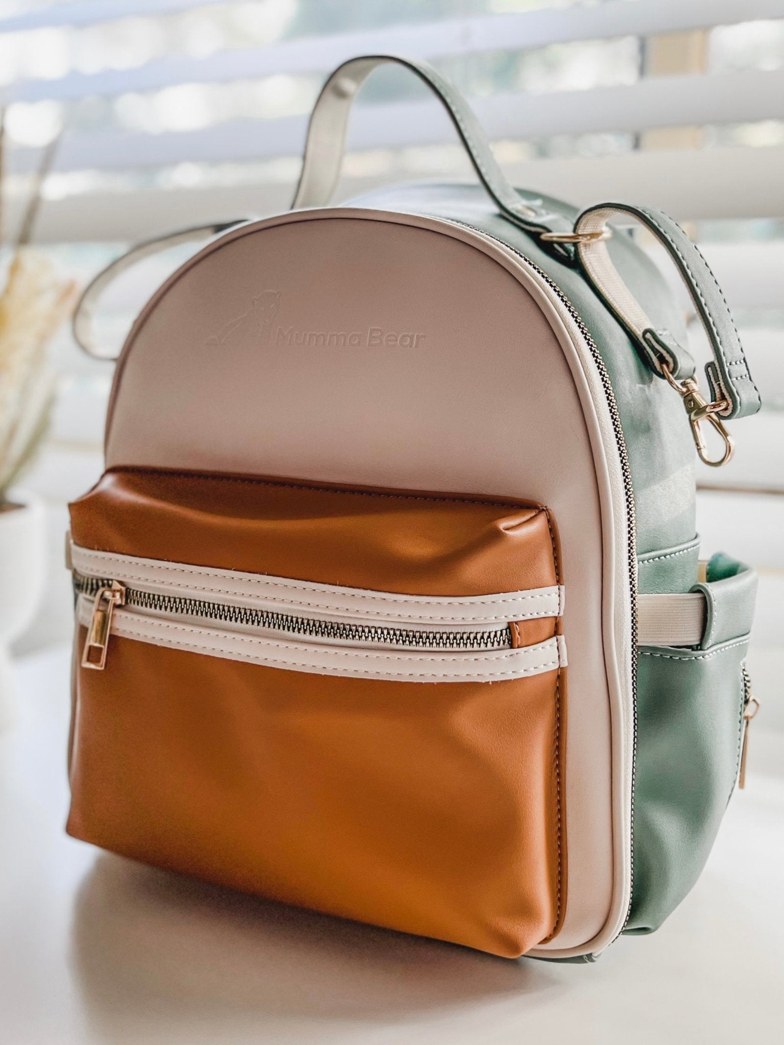 compact vegan mum leather backpack Eucalyptus
