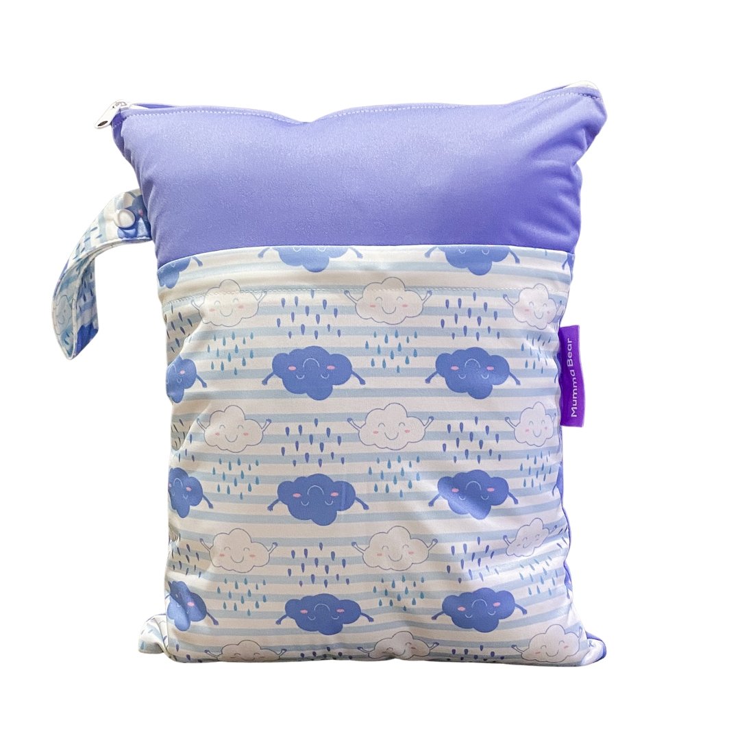 Large Wet Bag Double Zip - Happy Clouds - Mumma Bear Mum And Baby