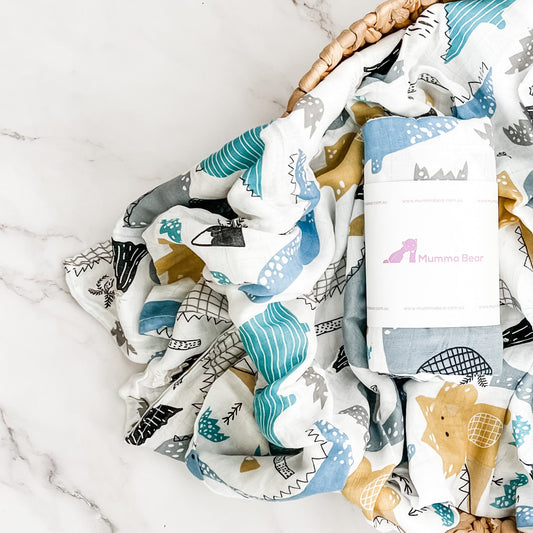 Bamboo Cotton Muslin Wrap - Dinosaur Island - Mumma Bear