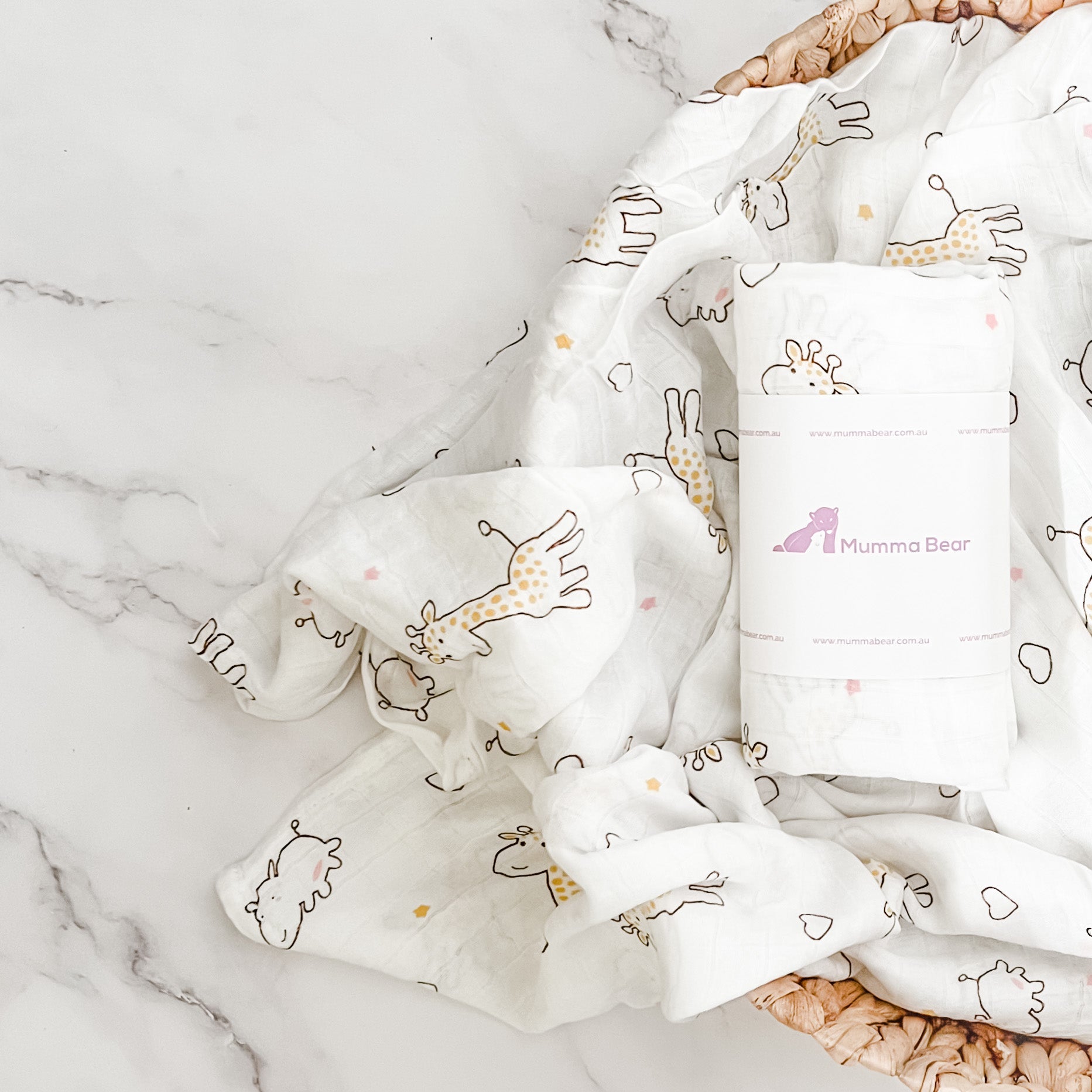 Bamboo Cotton Muslin Wrap - Giraffe & Hippo - Mumma Bear