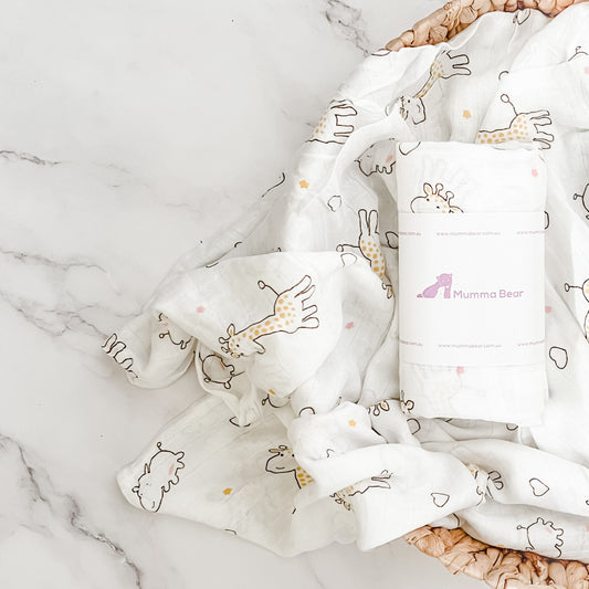 Bamboo Cotton Muslin Wrap - Giraffe & Hippo - Mumma Bear