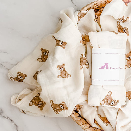 Bamboo + Organic Cotton Muslin Wrap - Teddy Bear - Mumma Bear